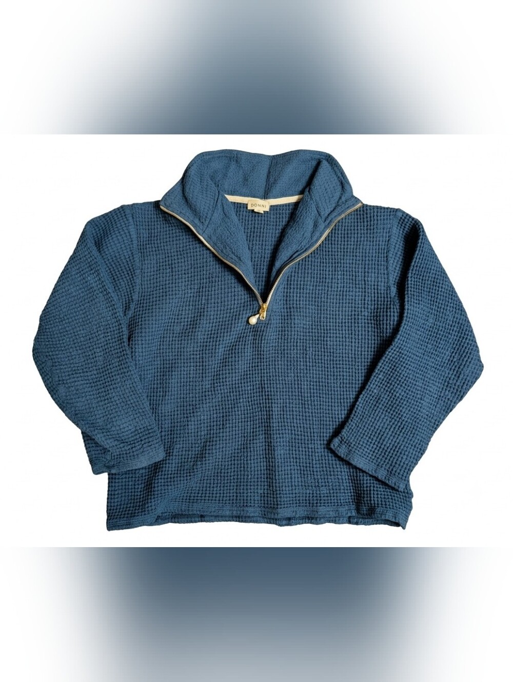 DONNI Waffle Knit 1/2 Zip Pullover Small Blue Cotton Pearl Crop Sweater NWOT